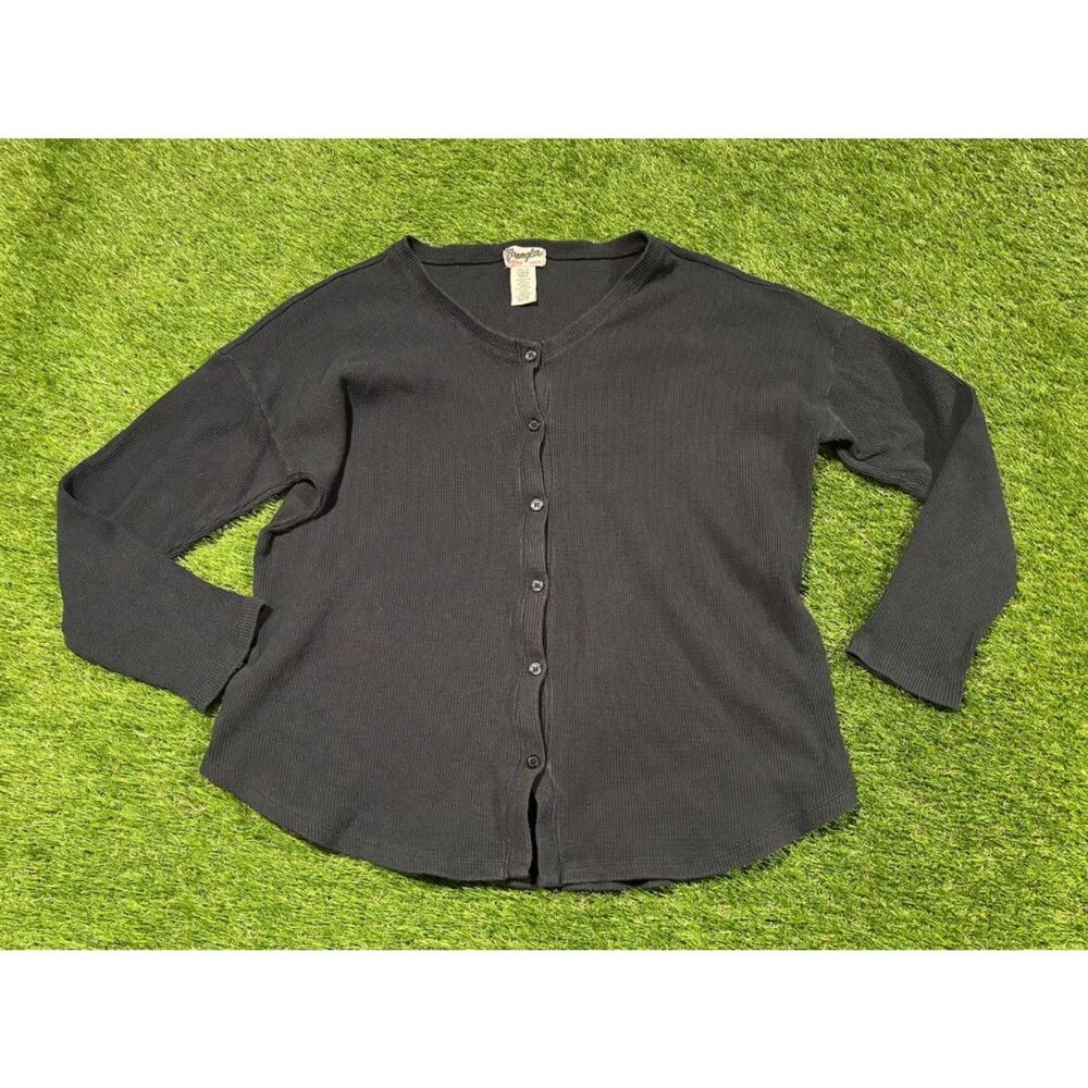 Wrangler Wrancher Women’s Thermal Blue Button Down Long Sleeve Knit Large 90s
